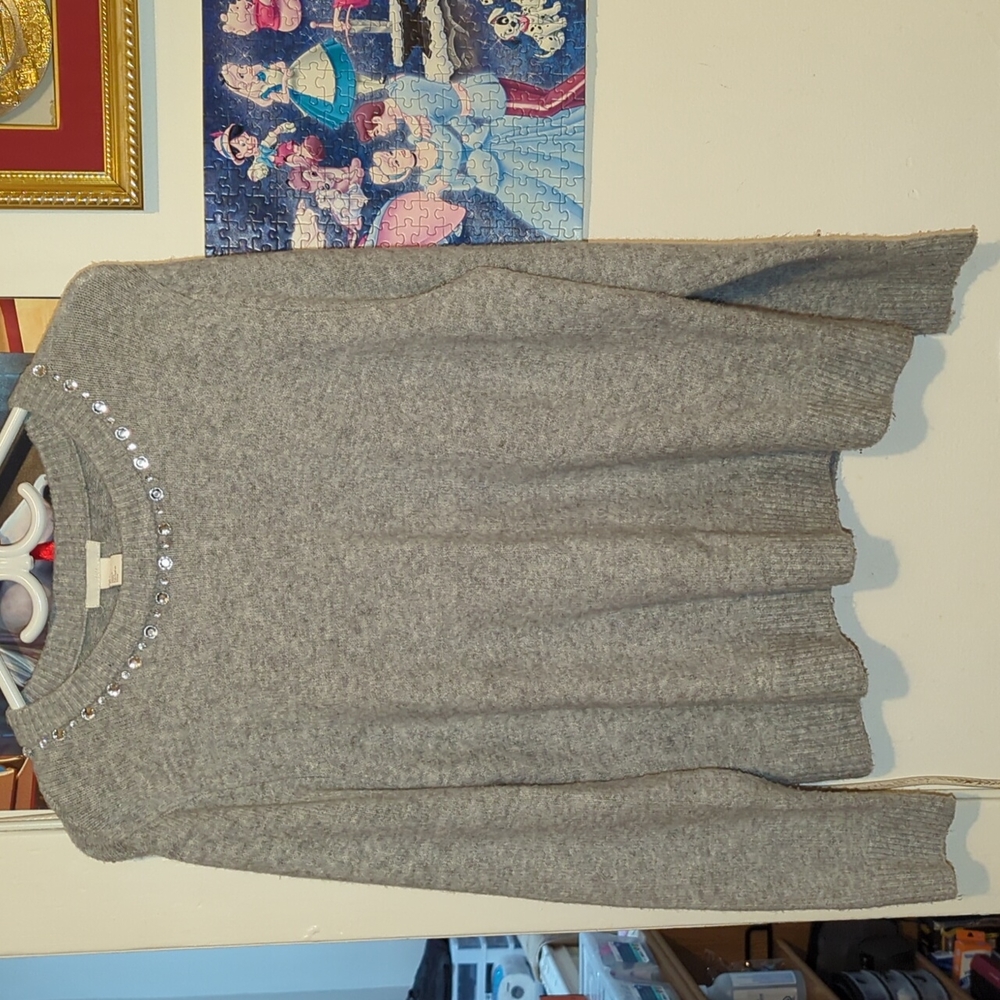 Crewneck Grey Sweater with jewel along collar